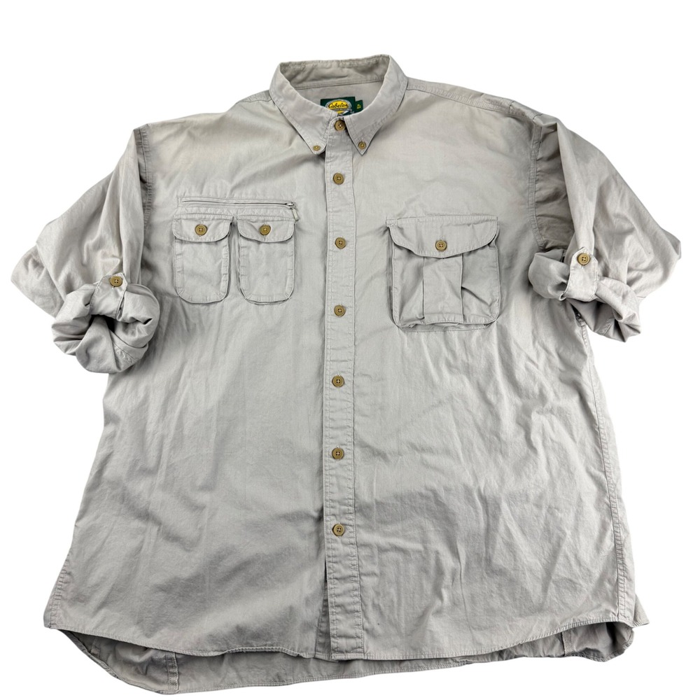 Cabelas Outdoor Gear Mens XL Khaki Cotton Fishing Hiking Utility Shirt Vent Back - Picture 2 of 16